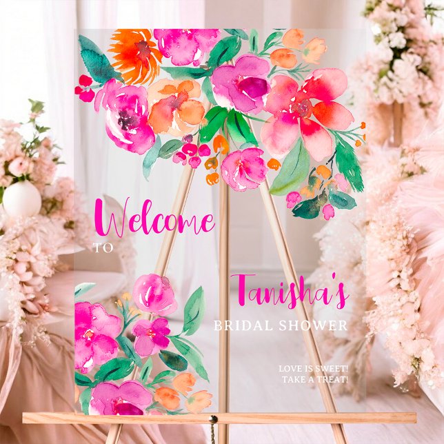Bright pink floral script bridal shower welcome  acrylic sign (Bright pink floral script bridal shower welcome acrylic sign)