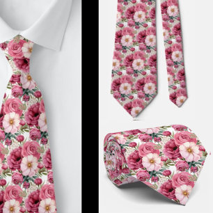 Bright Pink Floral Watercolor Neck Tie
