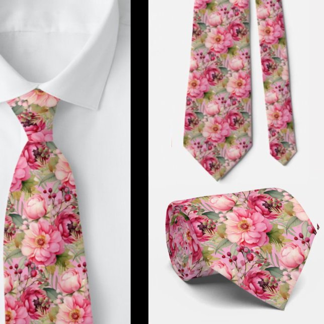 Bright Pink Floral Watercolor Neck Tie (Creator Uploaded)