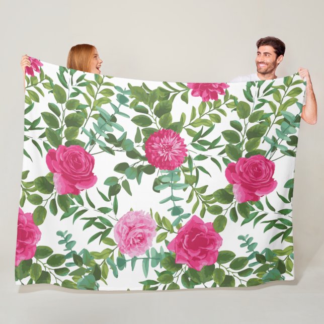 Bright Pink Floral Wedding Fleece Blanket (In Situ)
