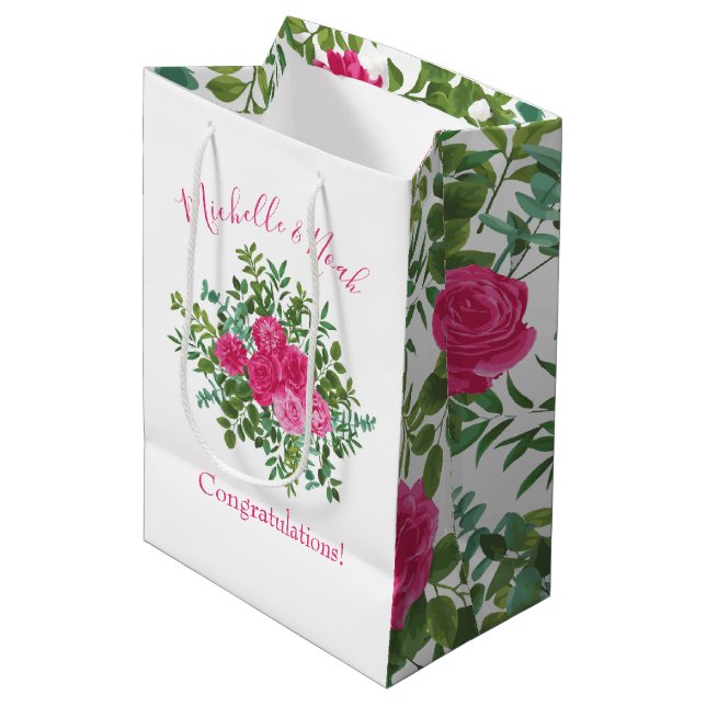 Bright Pink Floral Wedding Medium Gift Bag (Front Angled)