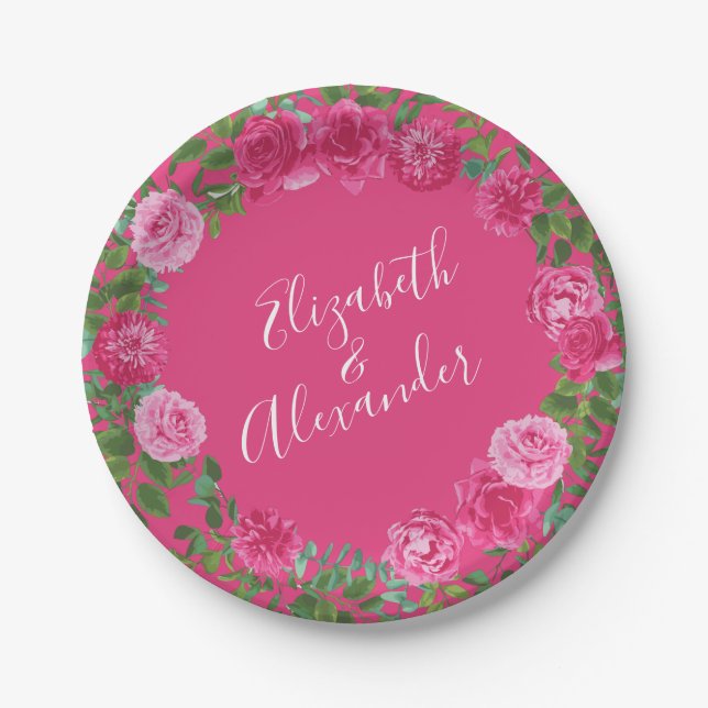 Bright Pink Floral Wedding Paper Plate (Front)