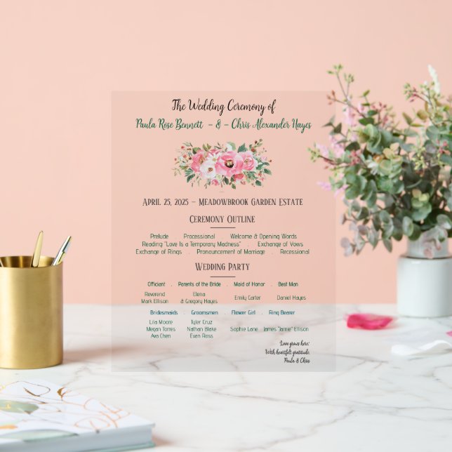 Bright Pink Floral Wedding Program Acrylic Sign (Wedding)