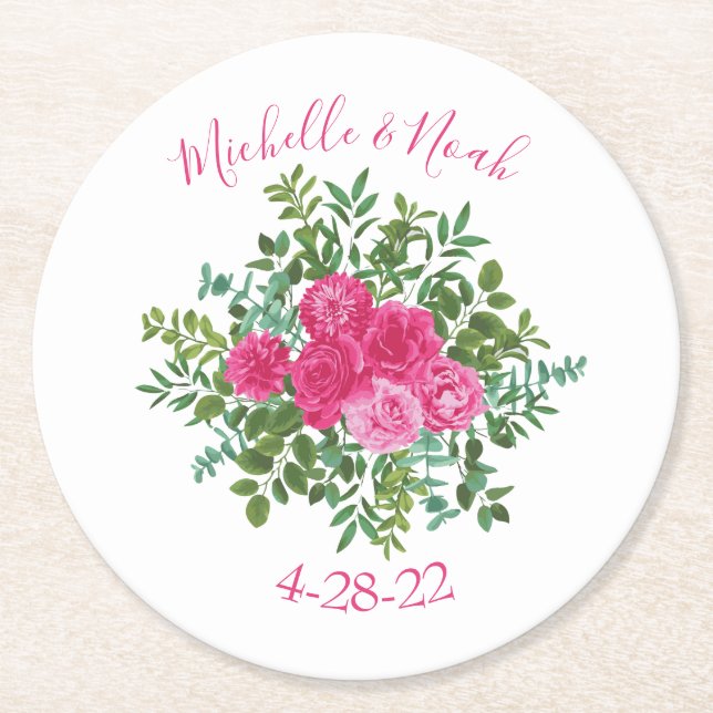 Bright Pink Floral Wedding Round Paper Coaster (Front)