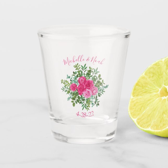 Bright Pink Floral Wedding Shot Glass (Front)
