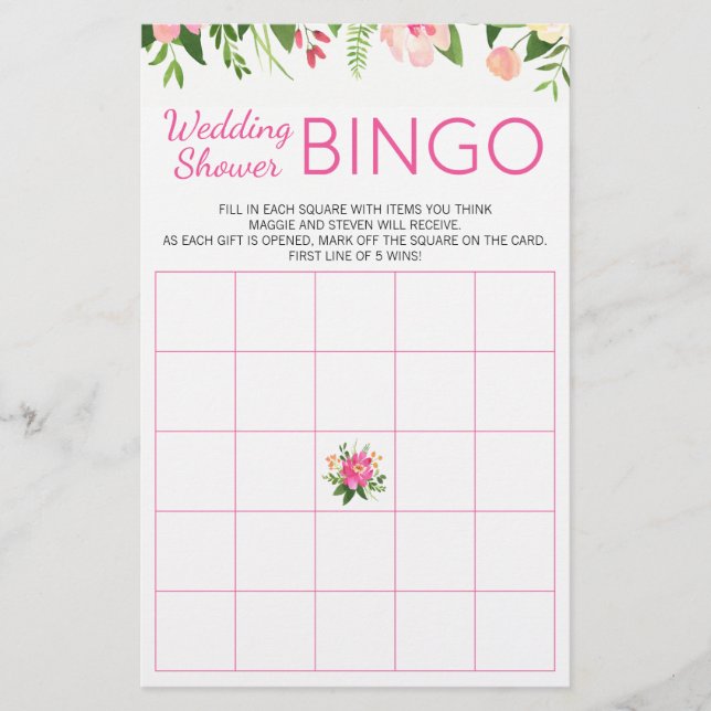 Bright Pink Floral Wedding Shower Bingo Game (Front)