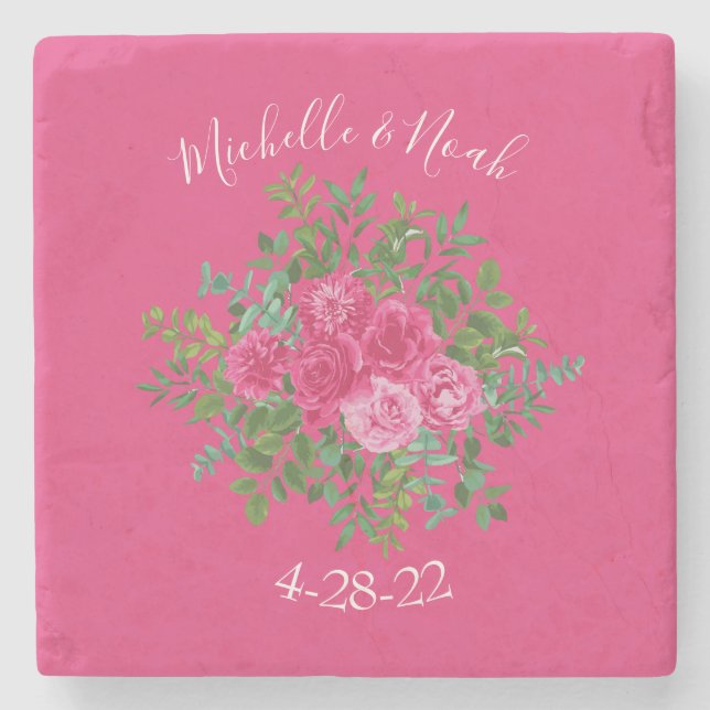 Bright Pink Floral Wedding Stone Coaster (Front)