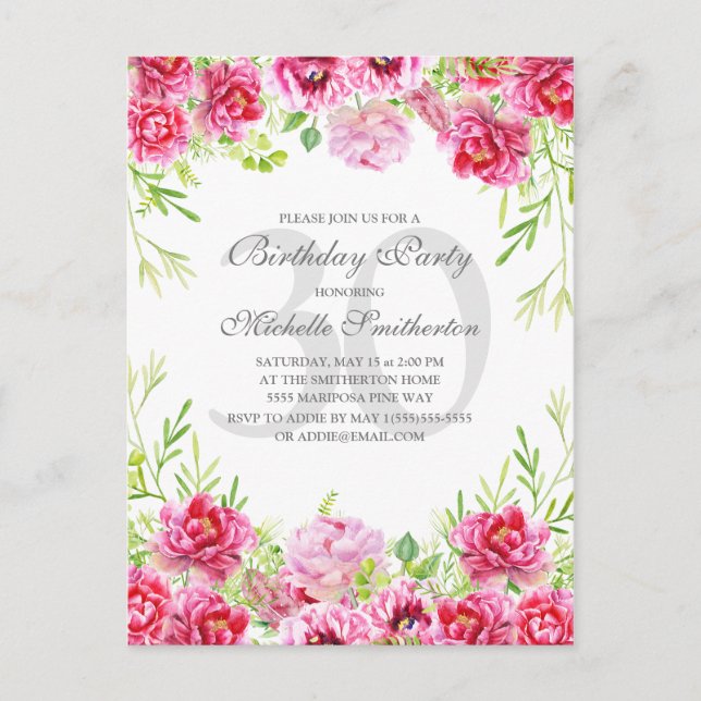Bright Pink Floral Women's 30th Birthday Party Postcard (Front)
