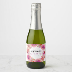 Bright Pink Floral Wreath Bachelorette Favour Sparkling Wine Label