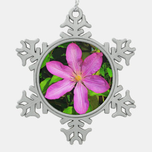 Bright Pink Flower Blooming & Green Background Snowflake Pewter Christmas Ornament