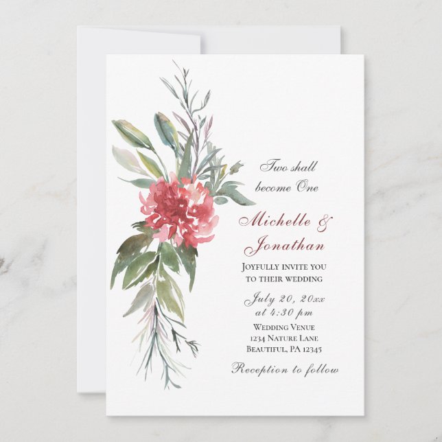 Bright Pink Flower Lush Greenery Christian Wedding Invitation (Front)