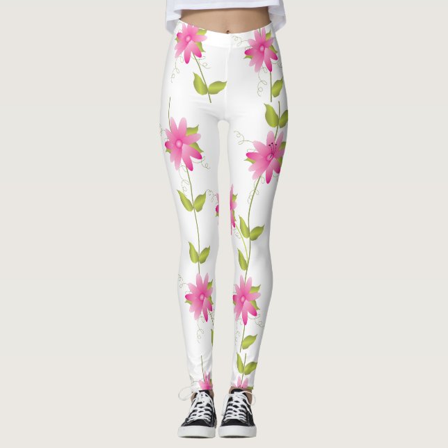 Bright Pink Flower Patterned Leggings (Front)