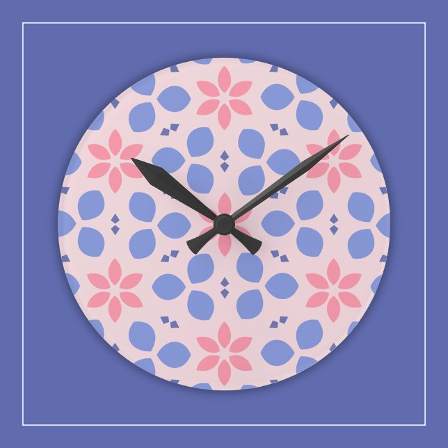 Bright Pink Flowers and Blue Shapes on Floral Wall Round Clock (Creator Uploaded)