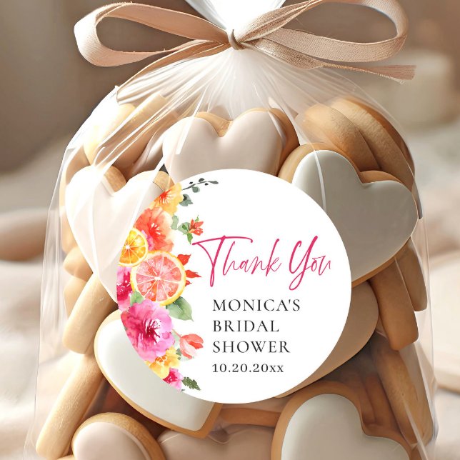 Bright Pink Flowers Citrus Slice Bridal Shower Classic Round Sticker (Creator Uploaded)