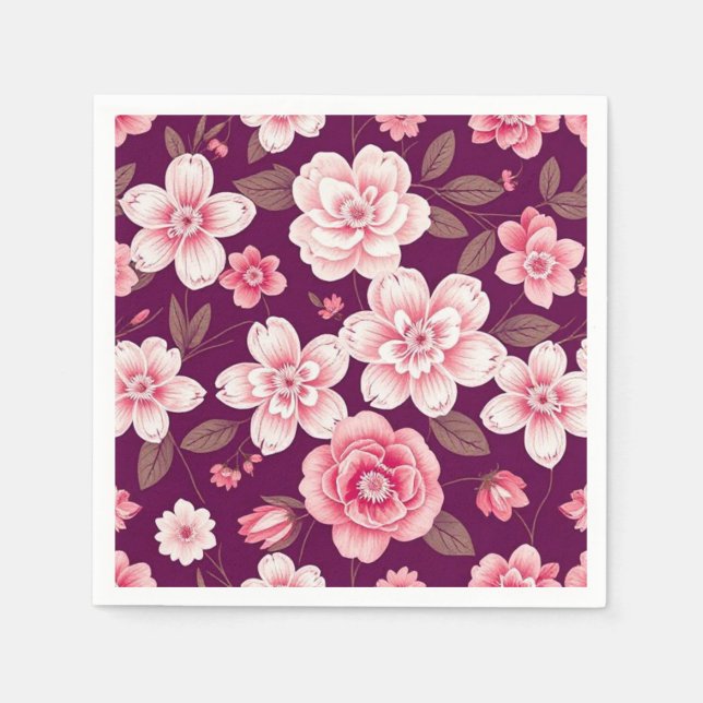 Bright pink flowers pattern on purple napkin (Front)