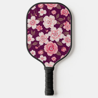 Bright pink flowers pattern on purple pickleball paddle