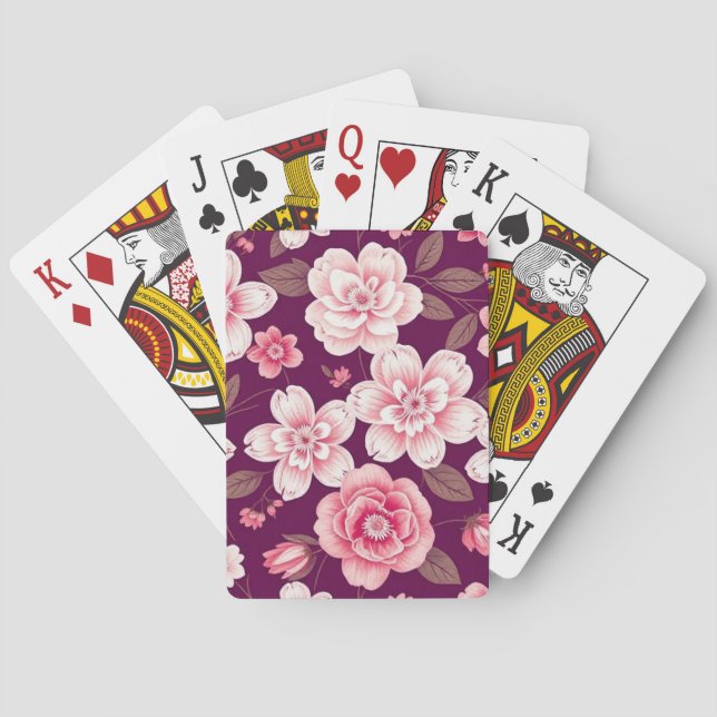 Bright pink flowers pattern on purple playing cards (Back)