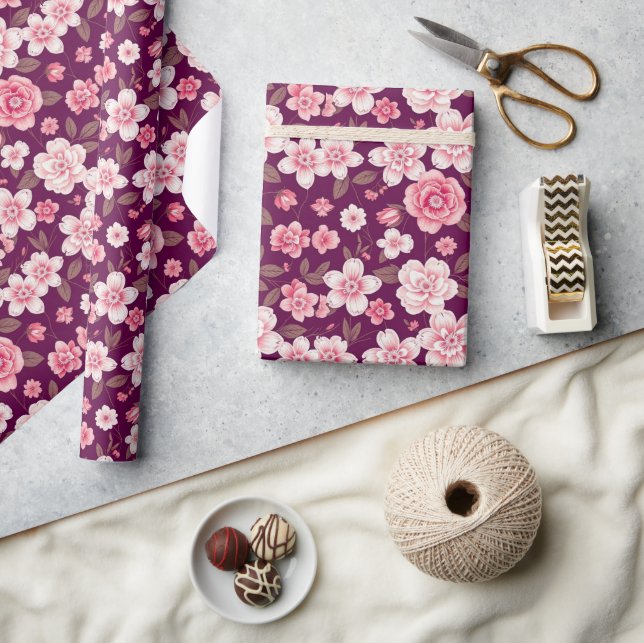 Bright pink flowers pattern on purple wrapping paper (Crafts)