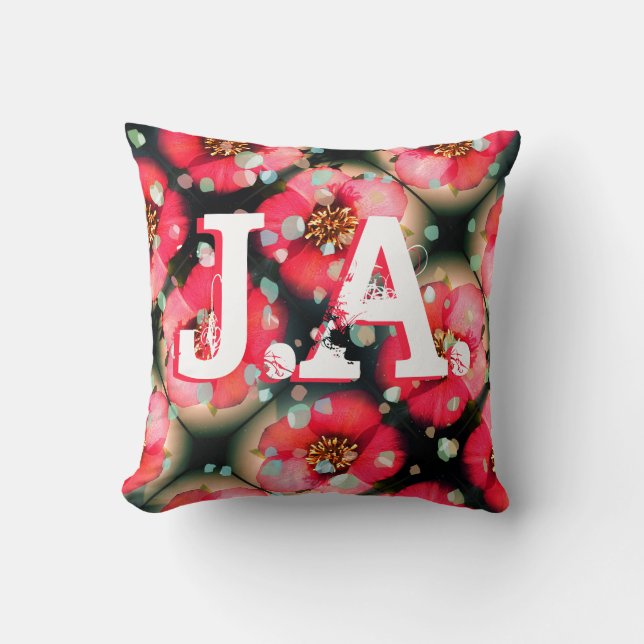 Bright Pink Flowers, your Initials and Petals Cushion (Front)