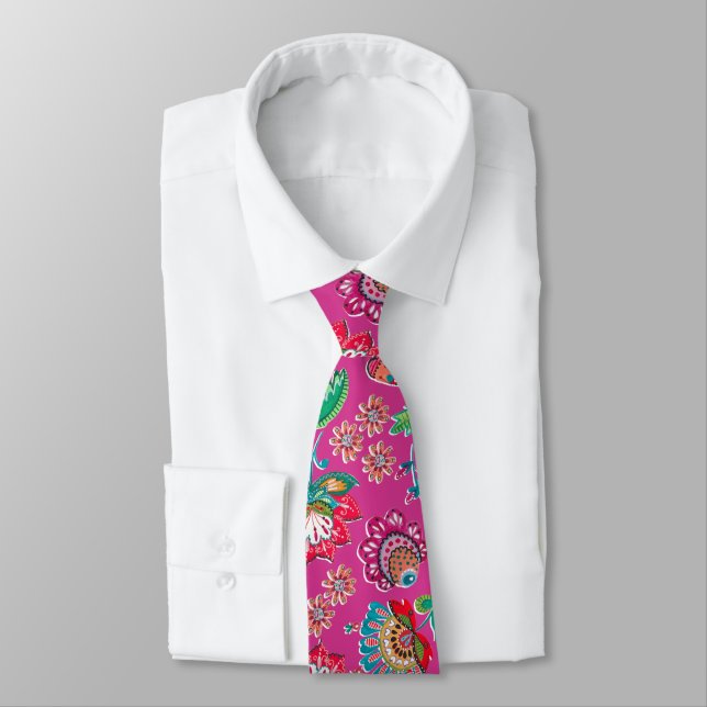 Bright pink folk art floral pattern wedding tie (Tied)