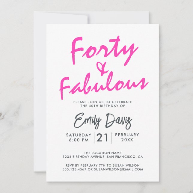 Bright Pink Forty Fabulous | 40th Birthday Party Invitation (Front)