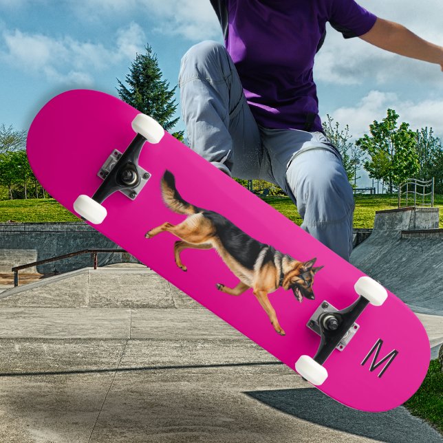 Bright Pink German Shepherd Dog Picture Monogram Skateboard (A bright pink skateboard, with picture of a German shepherd dog, personalized with monogram initial)