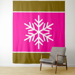 Bright Pink Gingerbread Stripes White Snowflake Tapestry
