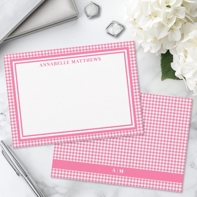 Bright Pink Gingham Plaid Personalised Card (Bright Pink Gingham Plaid Personalized Note Card)