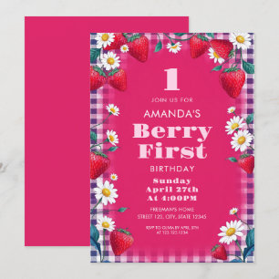 Bright Pink Gingham with Strawberries 1st Birthday Invitation