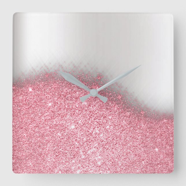 Bright  Pink Glitter Silver Grey Minimal Metallic Square Wall Clock (Front)