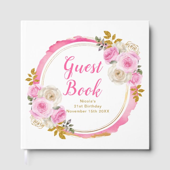 Bright Pink Gold Elegant Flowers Birthday Party Guest Book (Front)