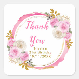 Bright Pink Gold Elegant Flowers Birthday Party Square Sticker