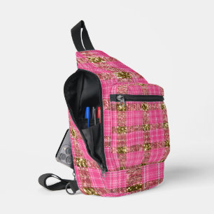 BRIGHT PINK & GOLD GLITTER LOOK PLAID PATTERN SLING BAG