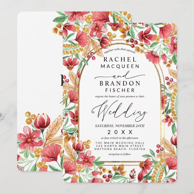 Bright Pink Golden Yellow Floral Arch Wedding Invitation (Front/Back)