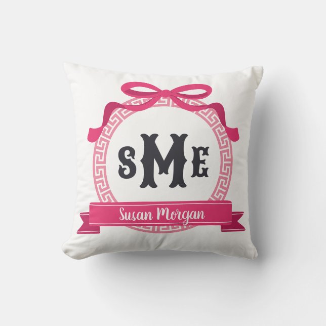 Bright Pink Greek Key Bow Monogram Cushion (Front)