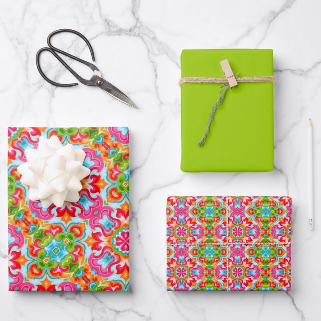 Bright Pink, Green, Blue, Orange & White Pattern Wrapping Paper Sheet (Front)