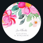 Bright Pink Green Floral Custom Wedding Thank You  Classic Round Sticker<br><div class="desc">Bright Pink Green Floral Custom Wedding Thank You Classic Round Sticker</div>