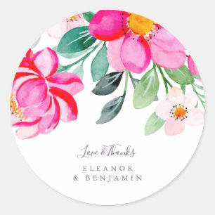 Bright Pink Green Floral Custom Wedding Thank You  Classic Round Sticker