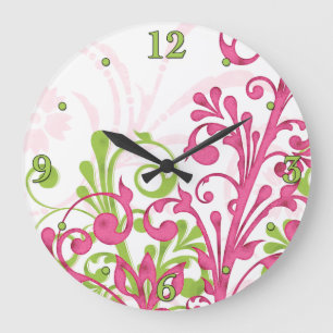 Bright Pink, Green, White Floral Wall Clock