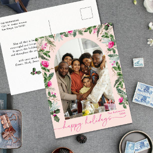 Bright Pink Greenery Arch Happy Holidays Photo Postcard