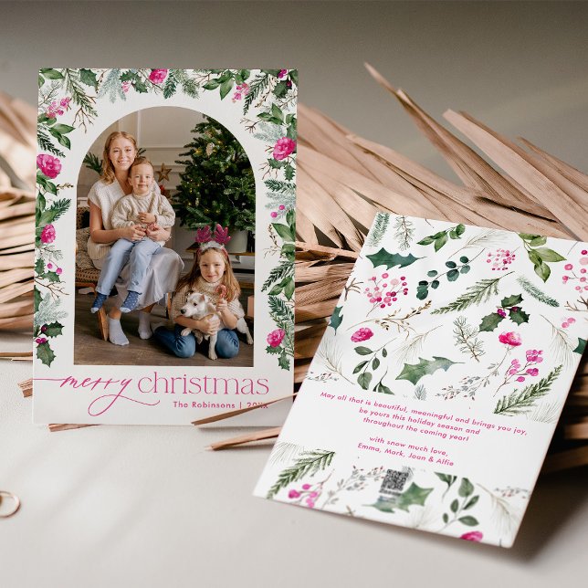 Bright Pink & Greenery Arch Photo Merry Christmas Holiday Card (Creator Uploaded)