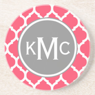 Bright Pink Grey Monogrammed Moroccan Lattice Coaster