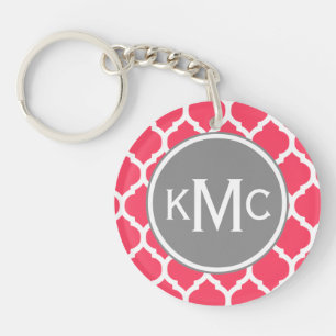 Bright Pink Grey Monogrammed Moroccan Lattice Key Ring