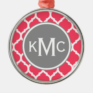 Bright Pink Grey Monogrammed Moroccan Lattice Metal Tree Decoration