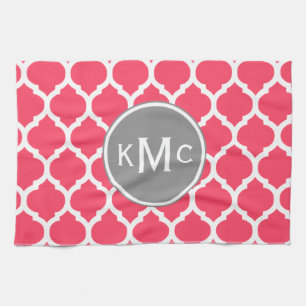 Bright Pink Grey Monogrammed Moroccan Lattice Tea Towel