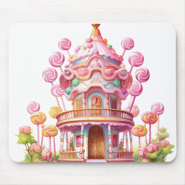 BRIGHT PINK HALLOWEEN CANDY LAND HOUSE MOUSE PAD (Front)