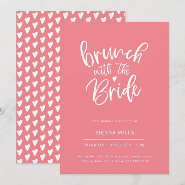 Bright Pink Hearts Calligraphy Bridal Brunch Invitation (Front/Back)