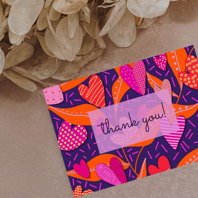 Bright Pink Hearts Pattern Business Thank You Card (Vibrant floral pattern Thank You card for any occasion.)
