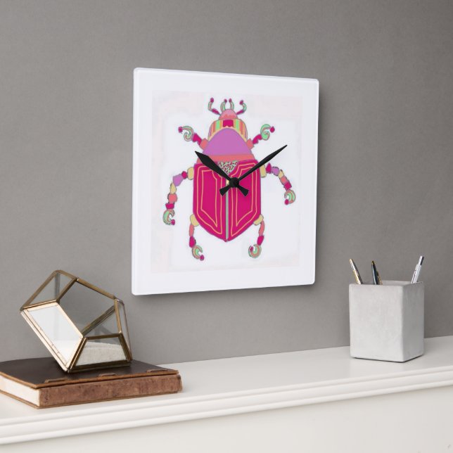 Bright Pink Horned Beetle Wall Clock (Office)
