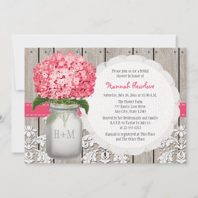 Bright Pink Hydrangea Mason Jar Bridal Shower Invitation (Front)